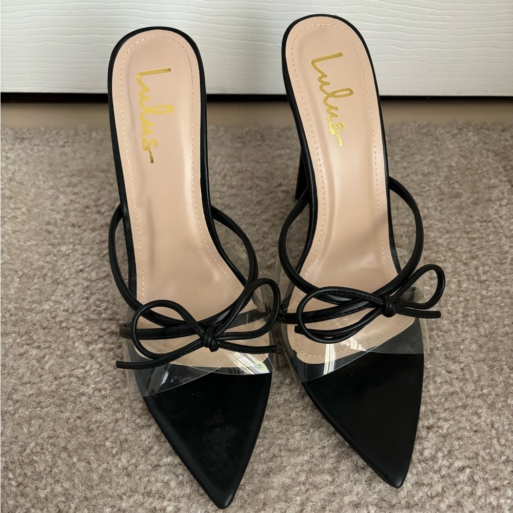 NWOT Lulus Haxy Black Vinyl Pointed-Toe Bow High Heel Sandals - Picture 6 of 14